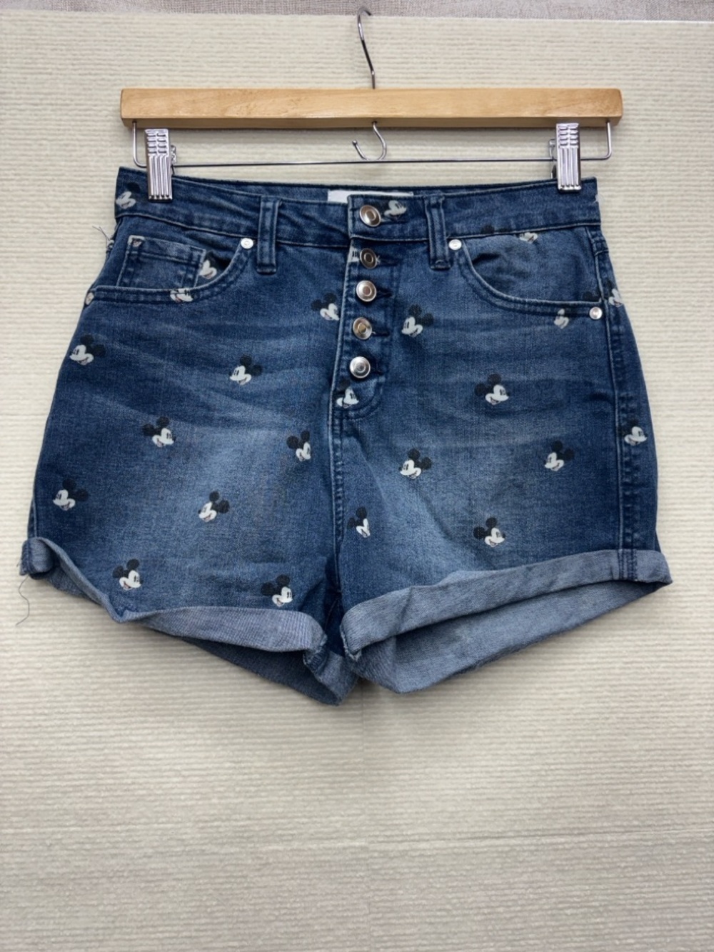 Disney Women's Dark Blue Denim Mickey Mouse Button-Front Jean Shorts